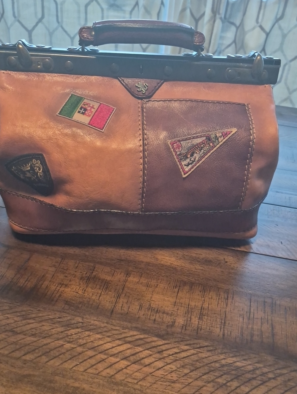 Two-Tone Brown Leather Satchel with Top Handle
